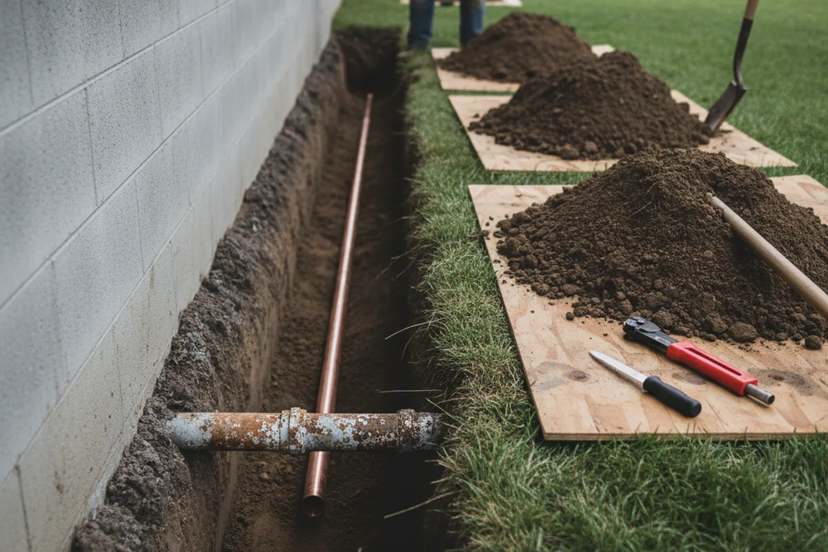 Excavated water line trench during Water Heater Repair in Oceanside